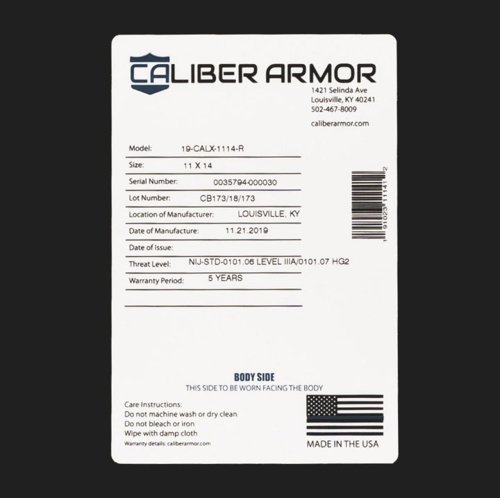 Caliber Armor CaliberX IIIA Soft Body Armor Rectangle Panel