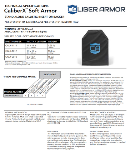 Caliber Armor CaliberX IIIA Soft Body Armor Panel