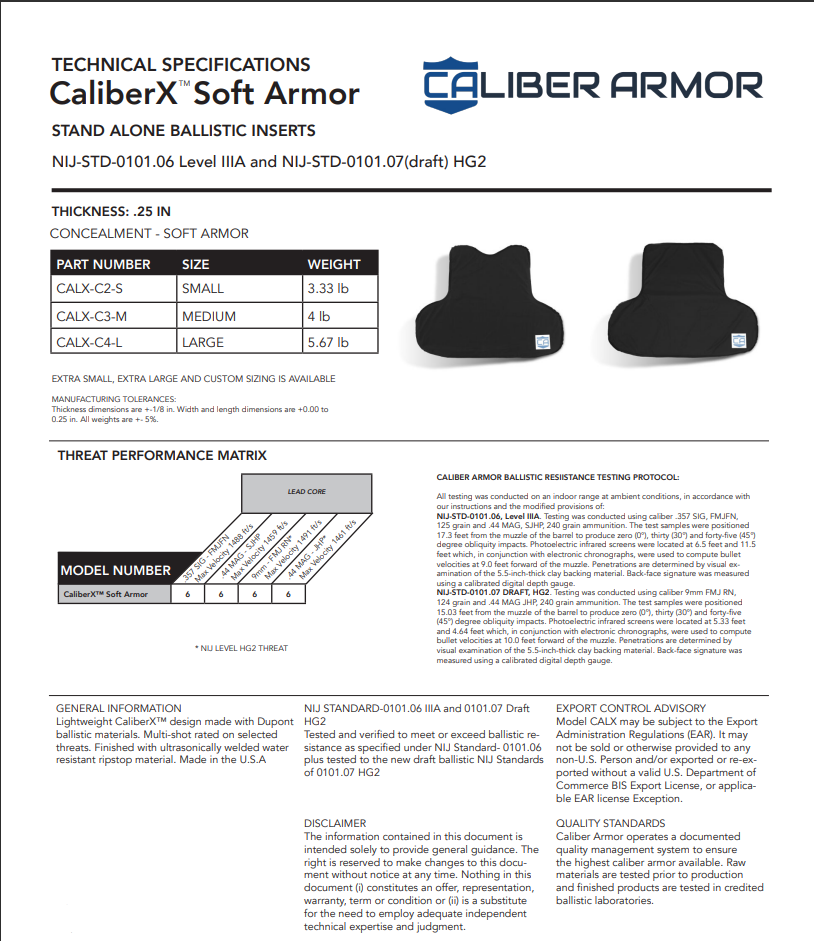 Caliber Armor CaliberX  IIIA Body Armor Panels for EXO Carrier