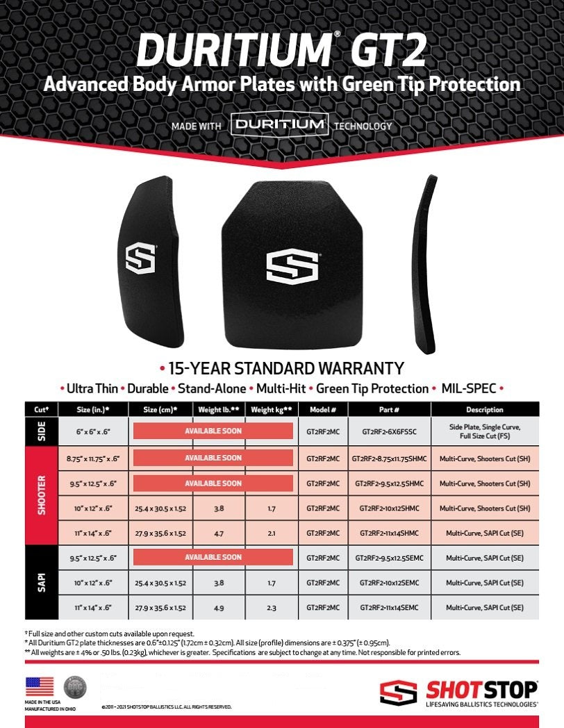 ShotStop Duritium® GT2 Green Tip Ballistic Plates Insert