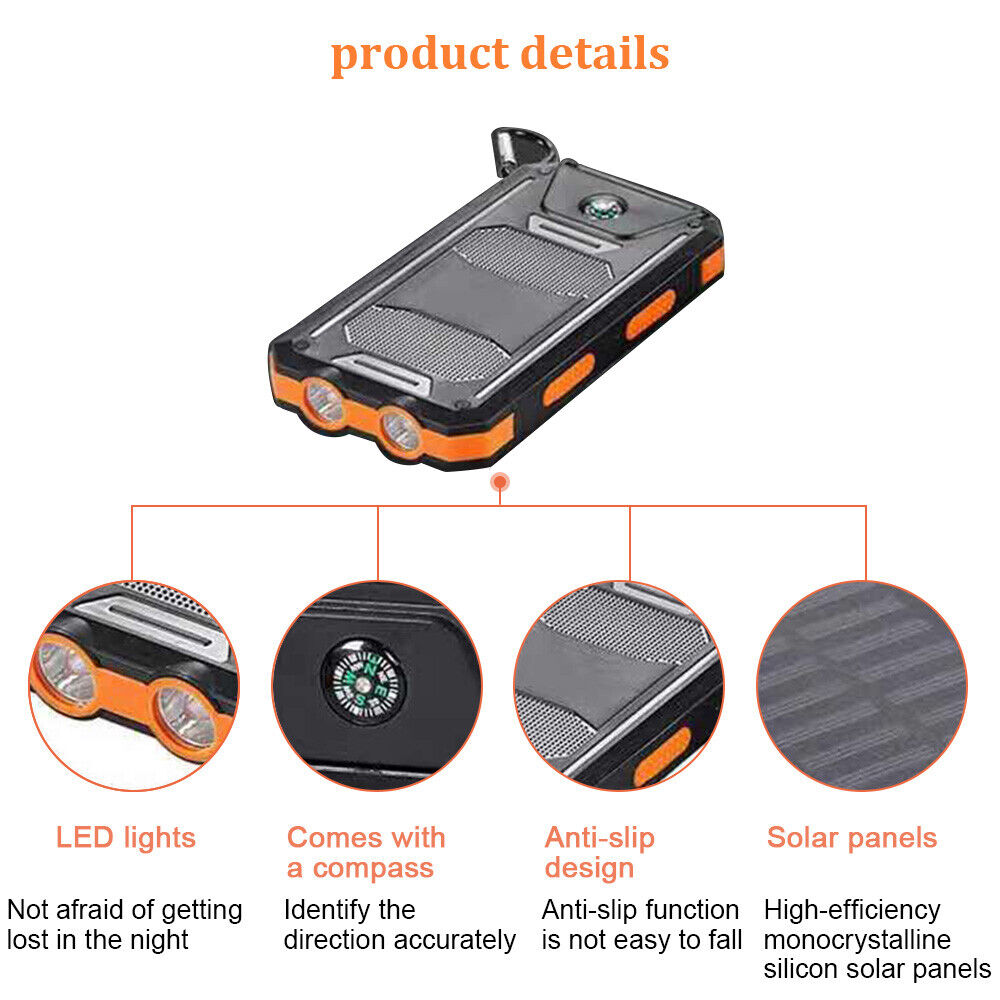 10,000mAH Solar-USB Dual Charger Waterproof Shockproof with LED Light