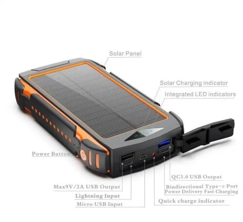 Solar Power Bank 20000mAh 10W Qi Wireless Solar Charger with LED Flashlights